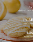 Cookies with white icing on a plate with lemons in the background, labeled with flavor notes.