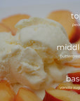 Ice cream dessert with peaches labeled 'top peach', 'middle buttercream', and 'base vanilla sugar'.