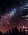 Cosmic background with tree silhouettes and fragrance description text.