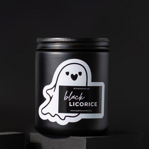 Black licorice candle in a sleek black jar, handpoured with notes of anise, clove, honey, cinnamon and amyris