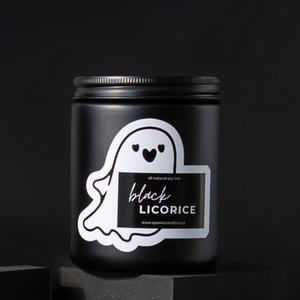 Black licorice candle in a sleek black jar, handpoured with notes of anise, clove, honey, cinnamon and amyris