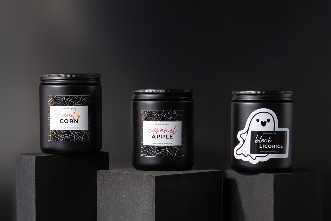 Limited edition Halloween candle bundle with Caramel Apple, Candy Corn and Black Licorice scents.
