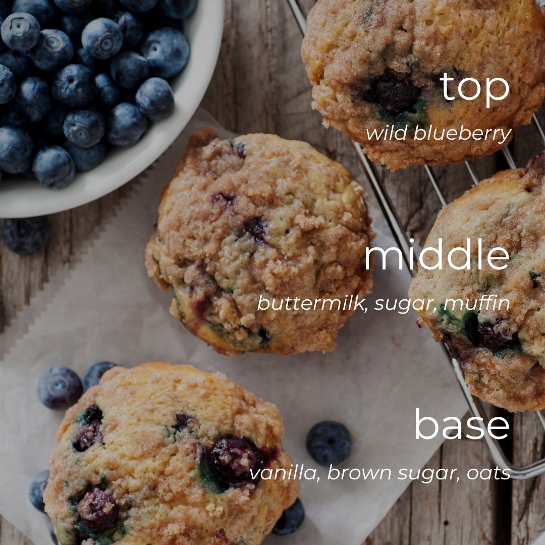 Four blueberry muffins arranged on parchment paper and a cooling rack over a wooden surface, with a bowl of blueberries in the top left. White text labels the muffin bases: top wild blueberry, middle buttermilk, sugar, muffin, and base vanilla, brown sugar, oats.