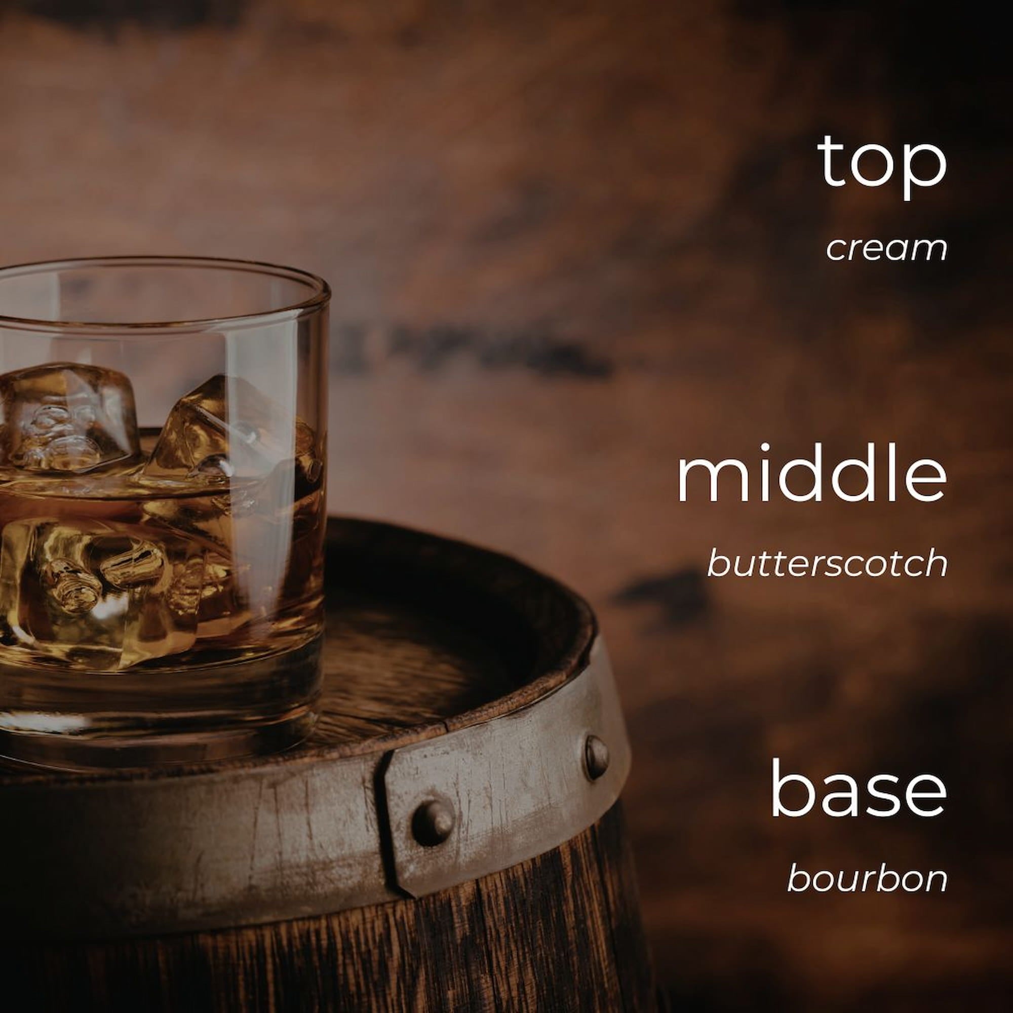 Glass of whiskey with ice on a wooden barrel, labeled 'top cream', 'middle butterscotch', 'base bourbon'.