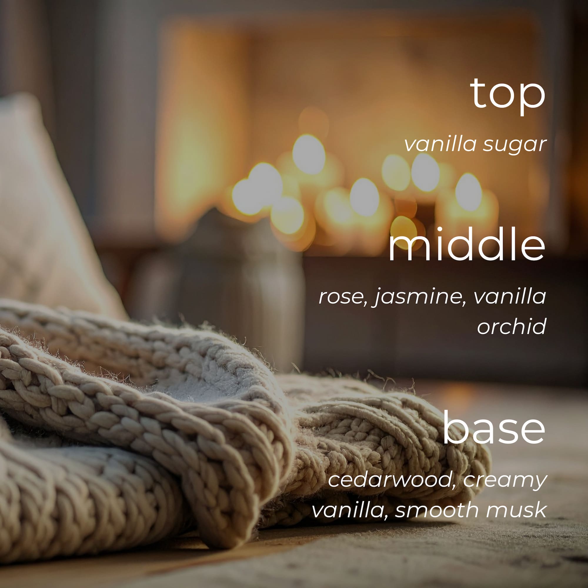 Text describing fragrance notes with a blurred background of a cozy room.