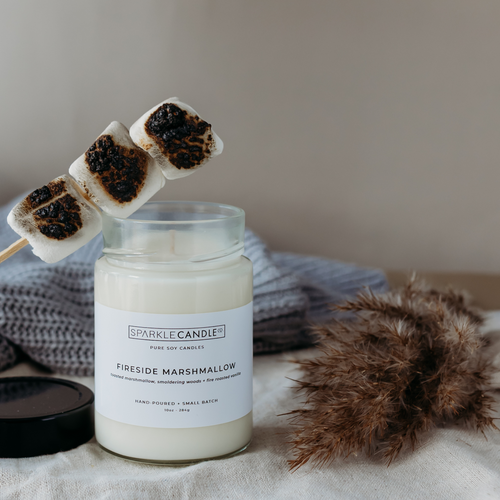 Fireside Marshmallow hand-poured soy wax candle in glass jar, warm, woodsy and sweet scent