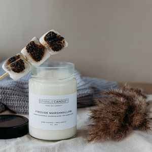Fireside Marshmallow hand-poured soy wax candle in glass jar, warm, woodsy and sweet scent