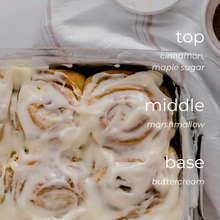 Load image into Gallery viewer, Frosted Cinnamon Bun candle scent notes highlighting bakery-inspired top, middle and base notes