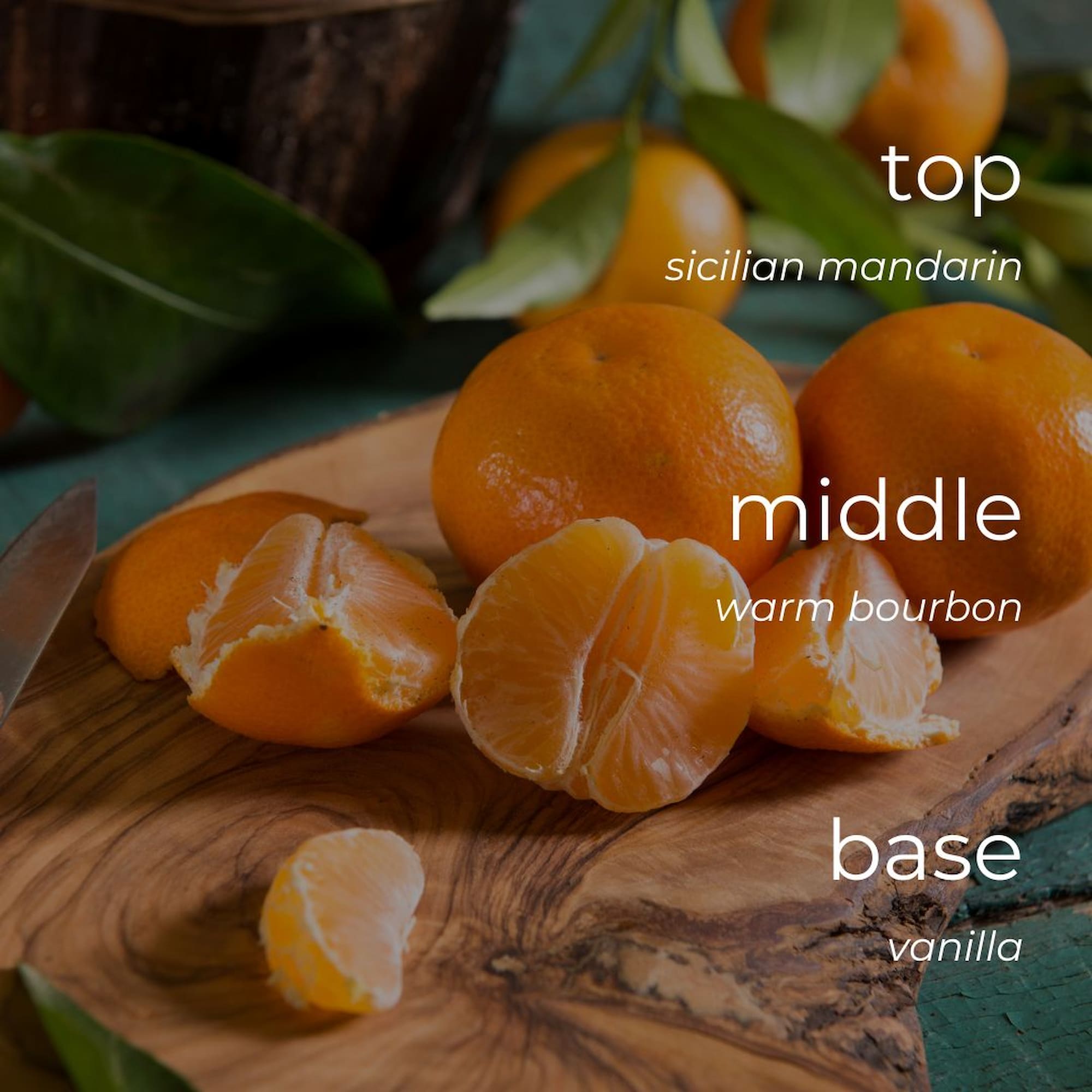 Oranges on a wooden board with text indicating flavor profile.