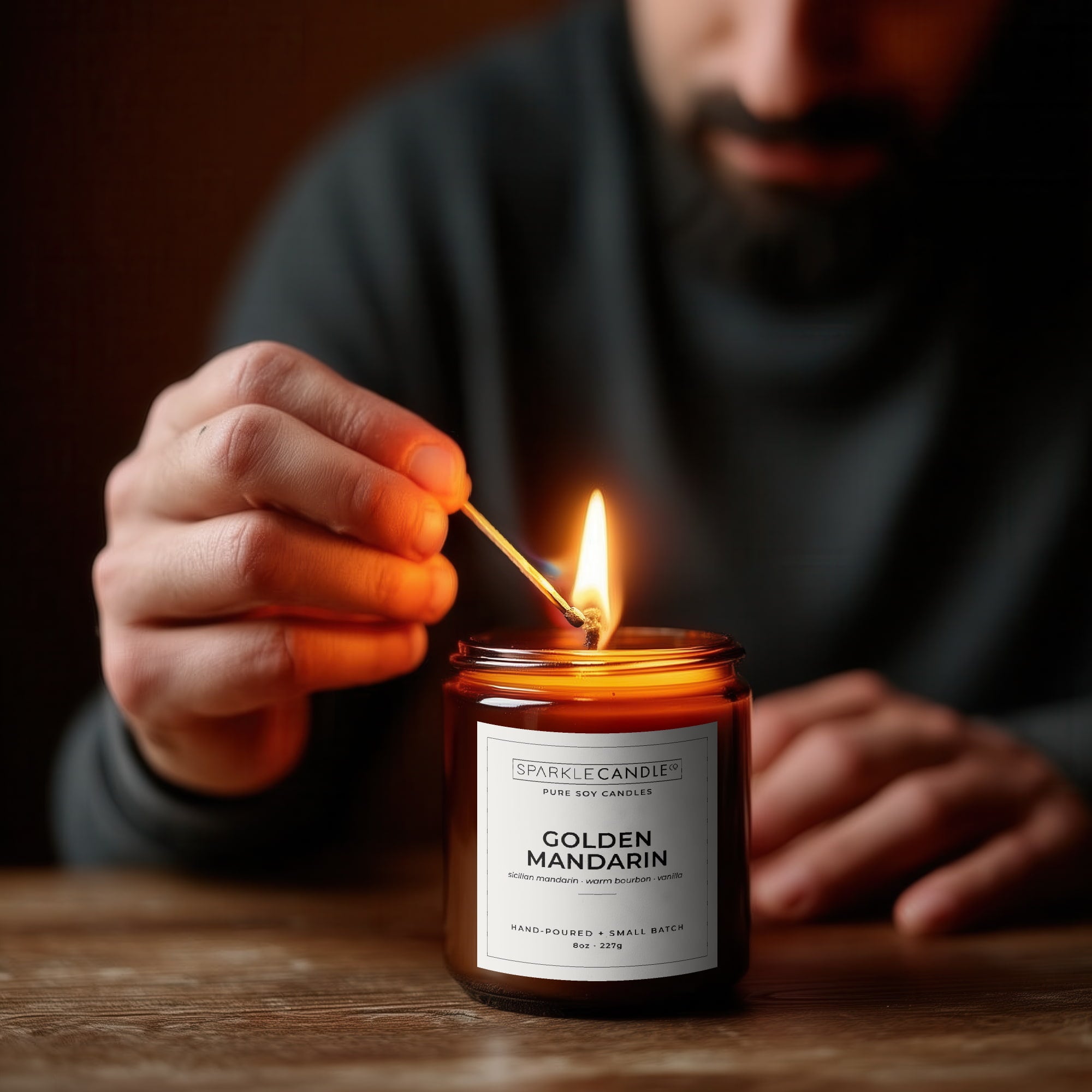Person lighting a candle labeled 'Golden Mandarin' with a blurred background