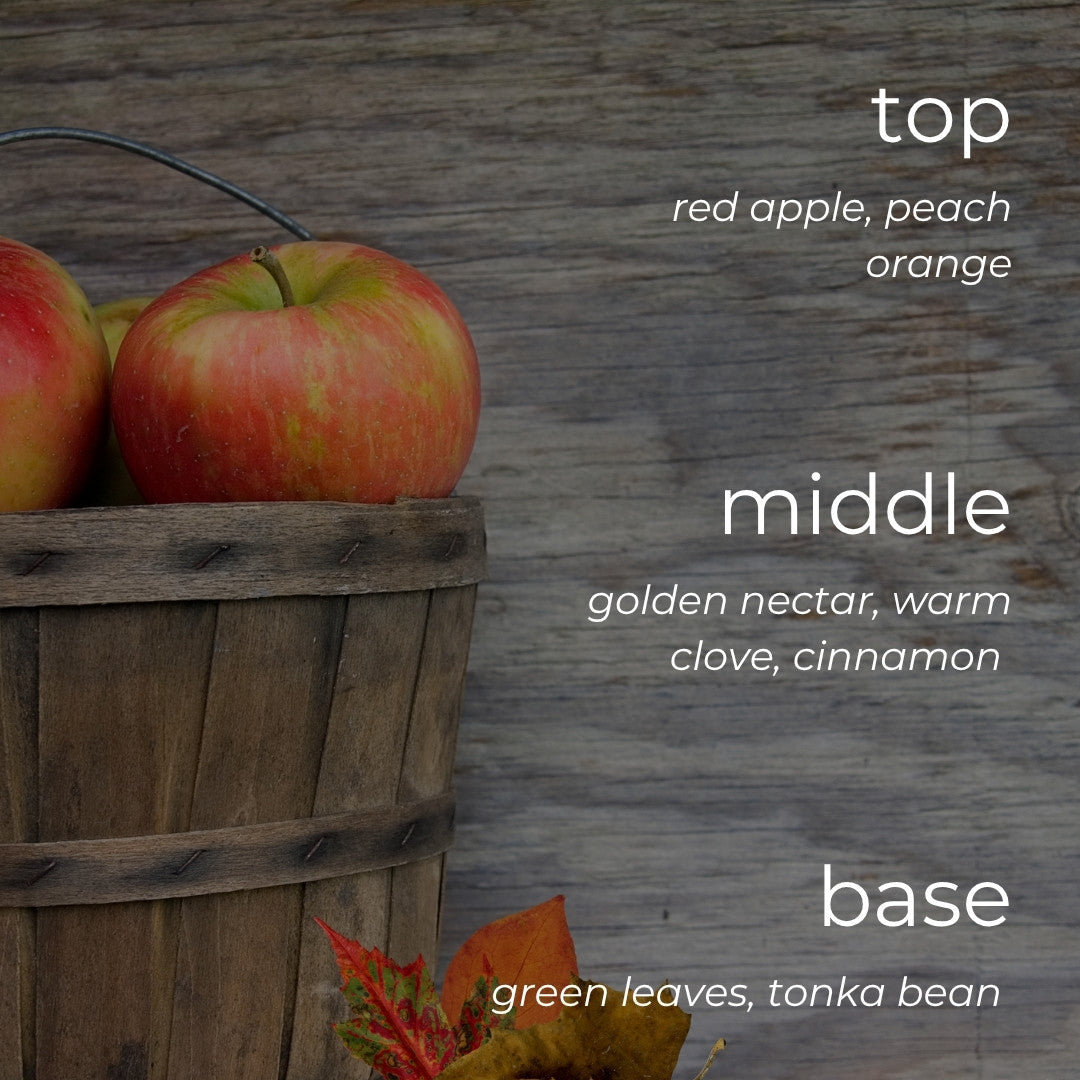 A rustic autumn-themed graphic with a wooden basket holding red apples against a weathered wood background. White text labels color layers: 'top' as red apple, peach, and orange; 'middle' as golden nectar, warm clove, and cinnamon; 'base' as green leaves and tonka bean.