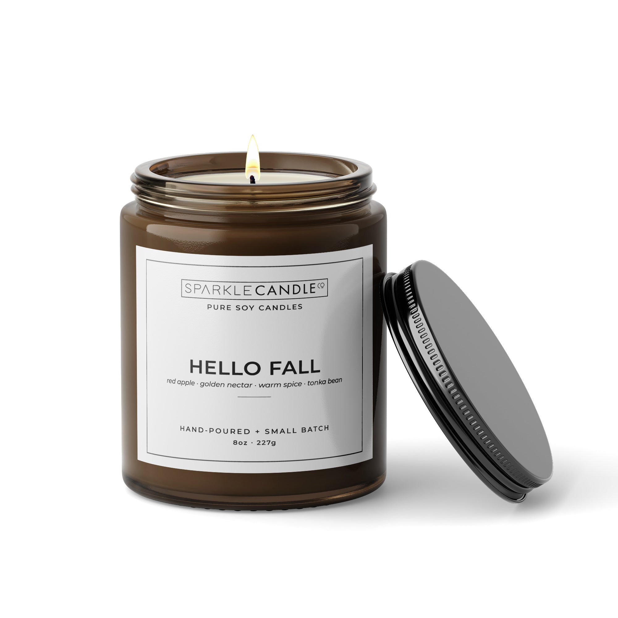 Sparkle Candle Hello Fall candle on a white background