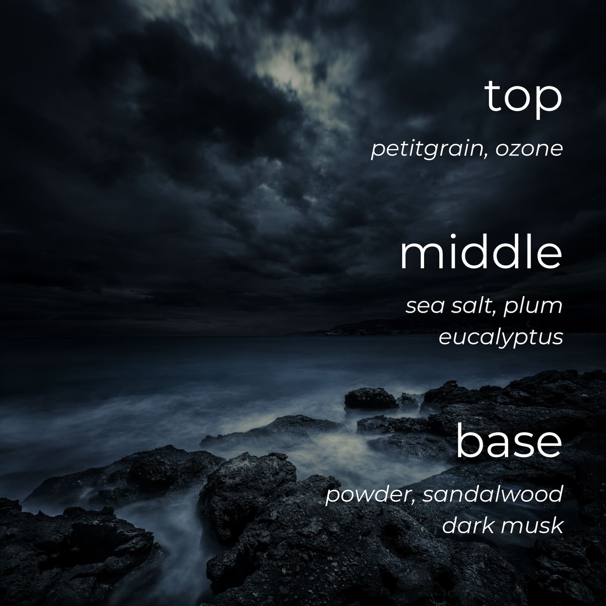 Dark landscape with rocks and water, featuring text about fragrance notes.