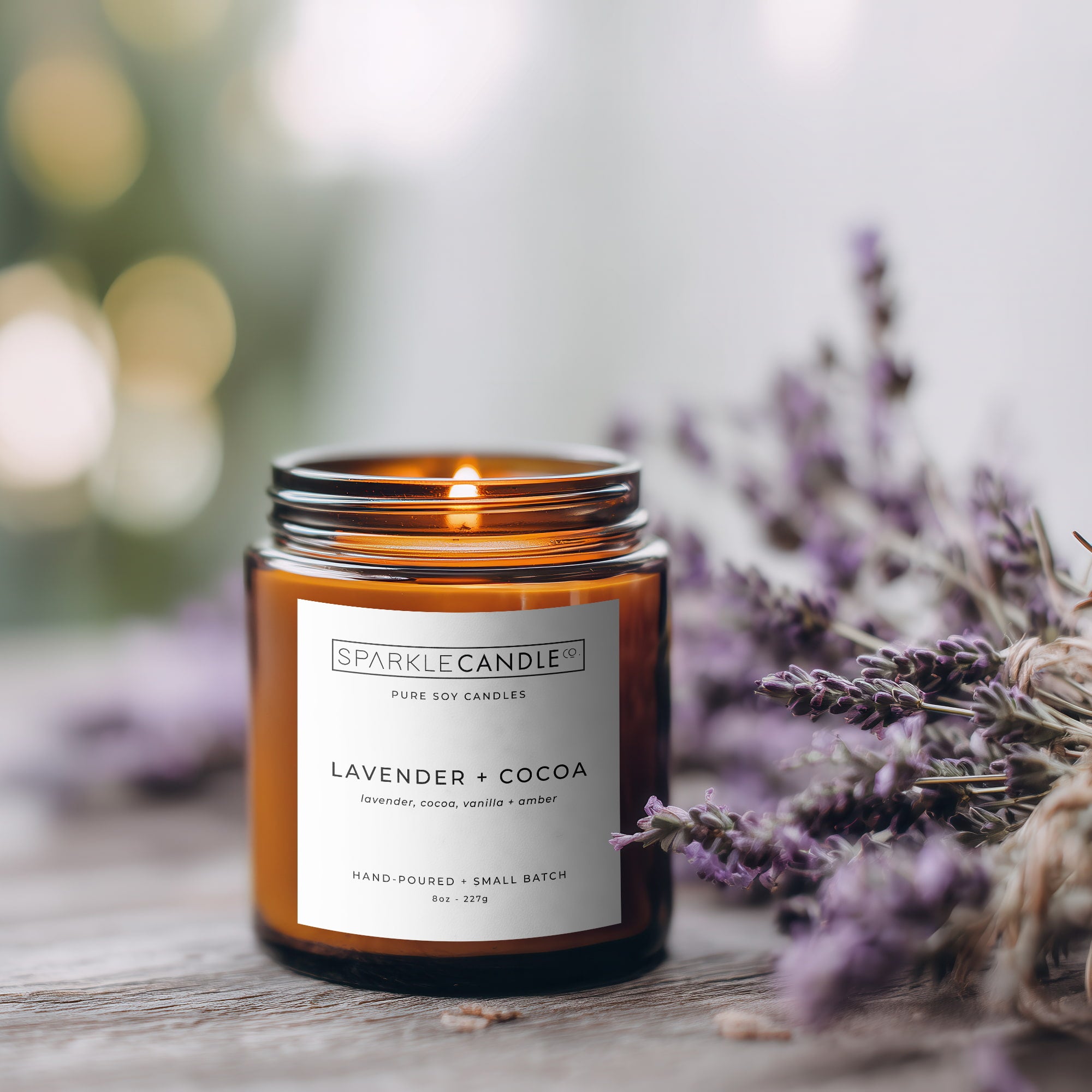 Sparkle Candle Co lavender and cocoa soy candle in an amber jar on a table with lavender flowers