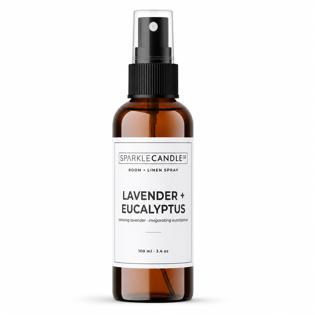 Brown spray bottle room and linen spray lavender eucalyptus with a white label on a white background