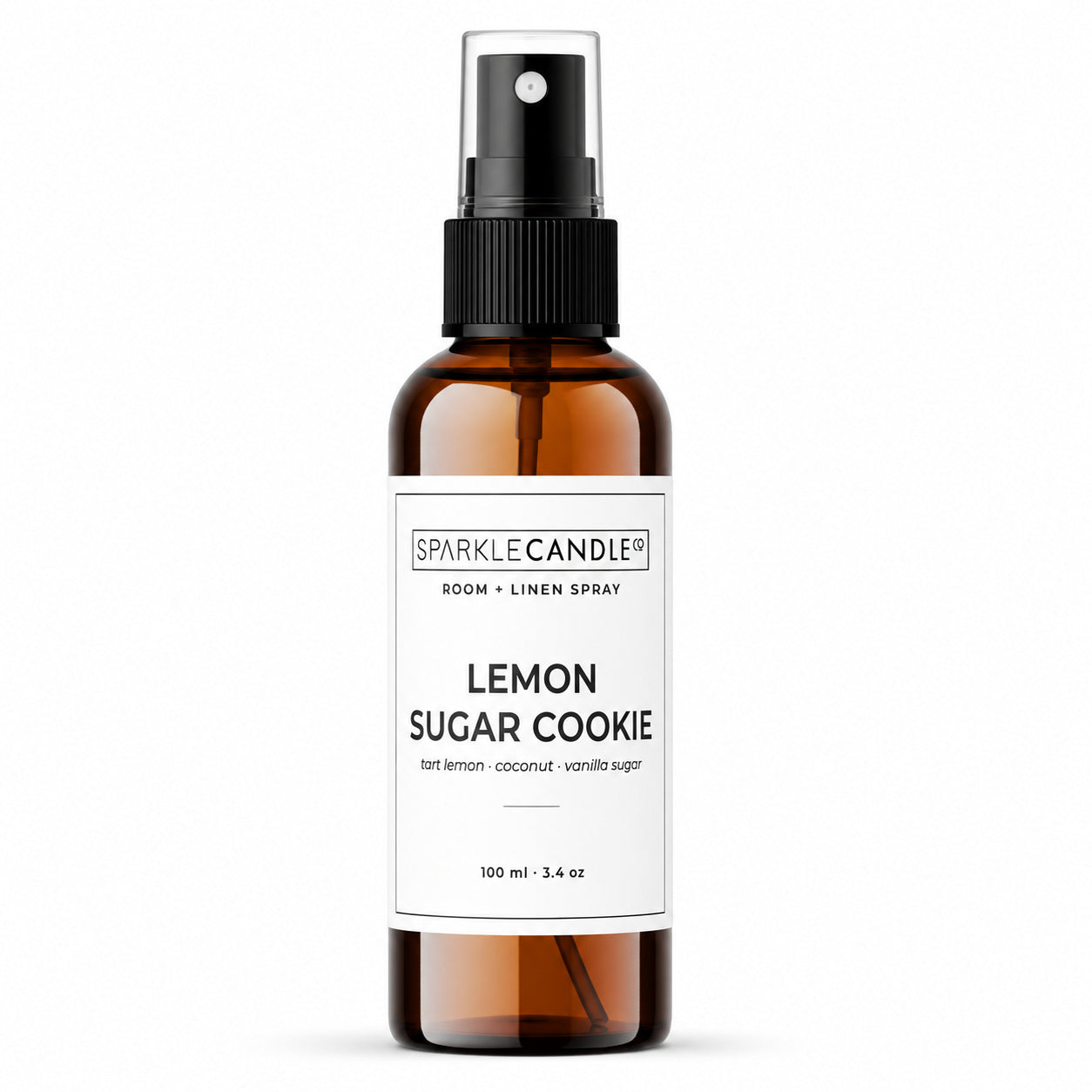 Brown spray bottle labeled 'Lemon Sugar Cookie' by Sparkle Candle on a white background