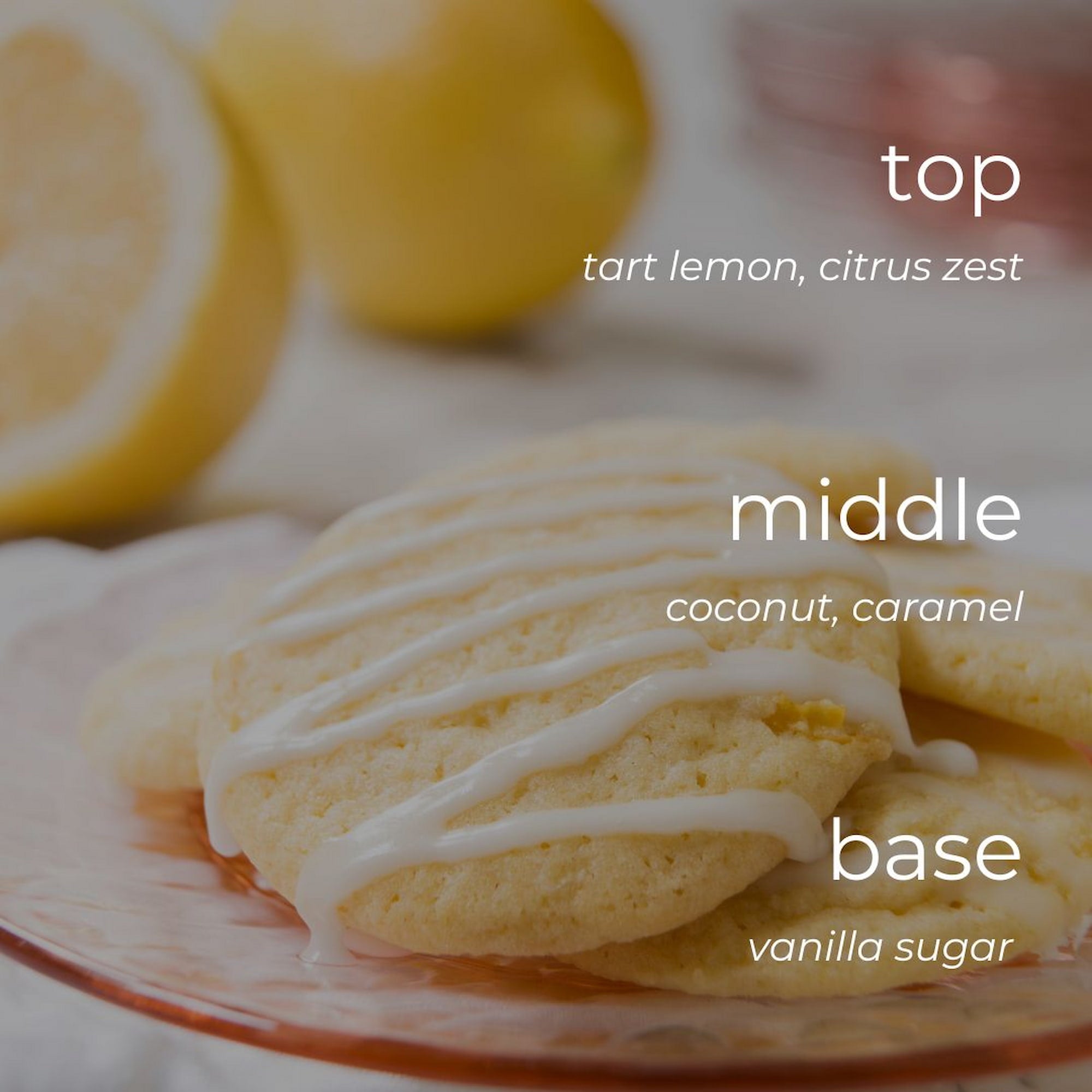 Cookies with white icing on a plate with lemons in the background, labeled with flavor notes.