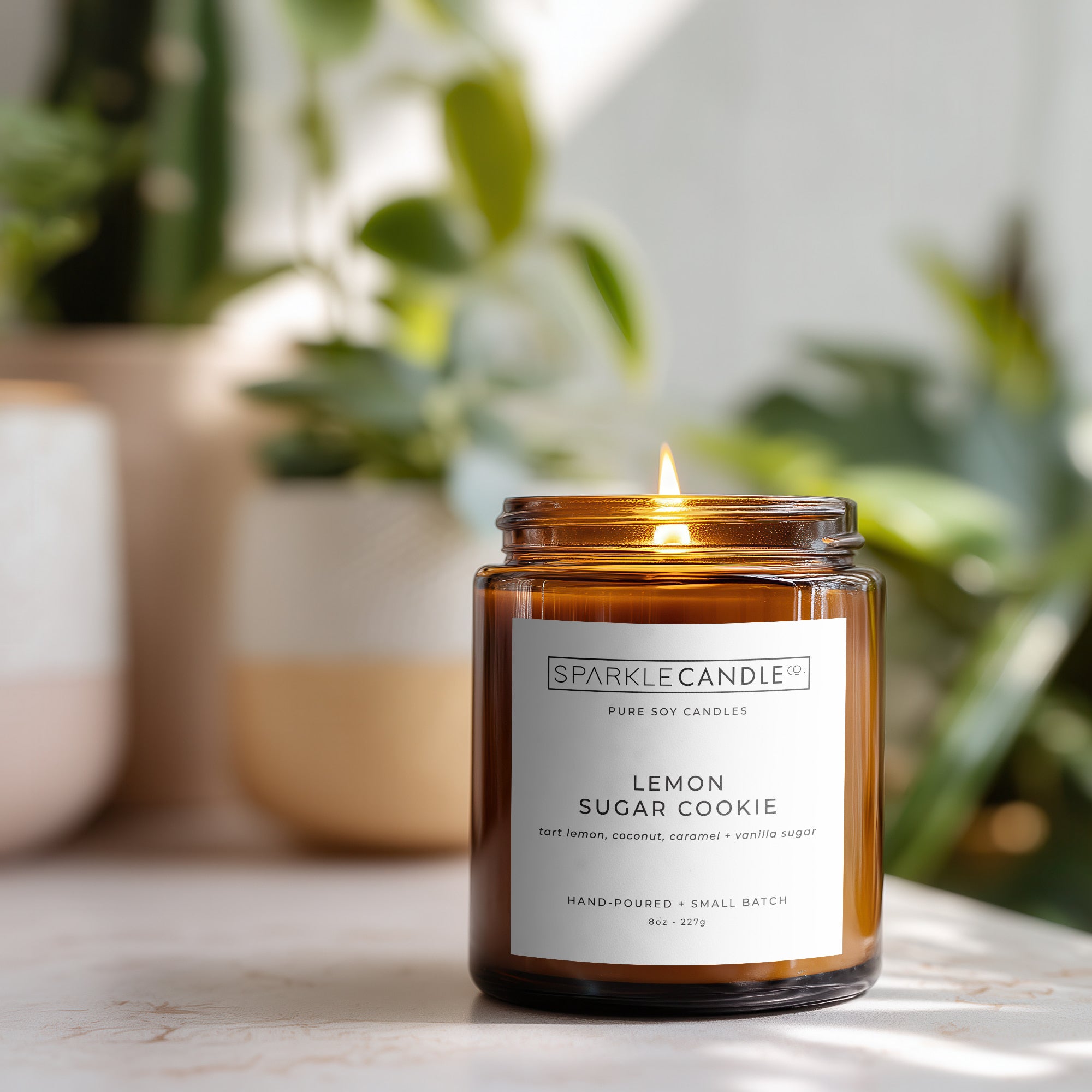 Lemon Sugar Cookie soy candle styled in bright kitchen setting