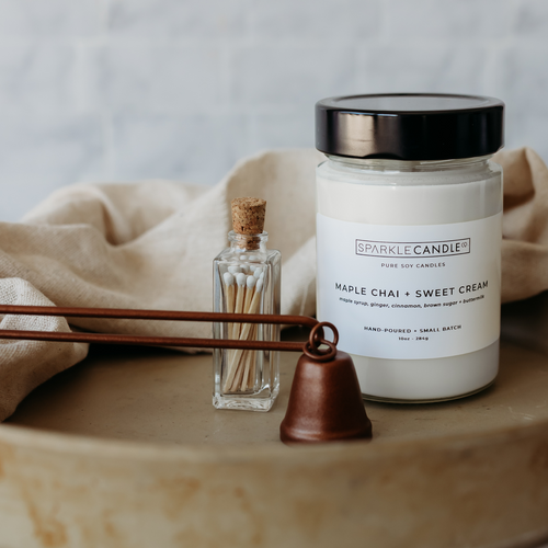 Maple Chai + Sweet Cream hand-poured soy candle in glass jar, warm and cozy spiced scent