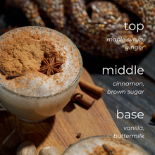 Load image into Gallery viewer, Maple Chai + Sweet Cream candle scent notes highlighting warm chai and sweet cream aroma