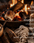 A cozy campfire scene with a toasted marshmallow on a stick, marshmallows in a bowl, and overlaid text reading 'top toasted marshmallow', 'middle velvet woods', and 'base golden amber, vanilla bean'.