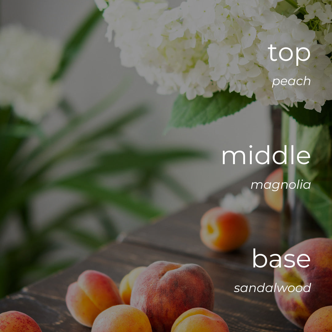 Fruits and flowers on a wooden surface with labeled fragrance notes.