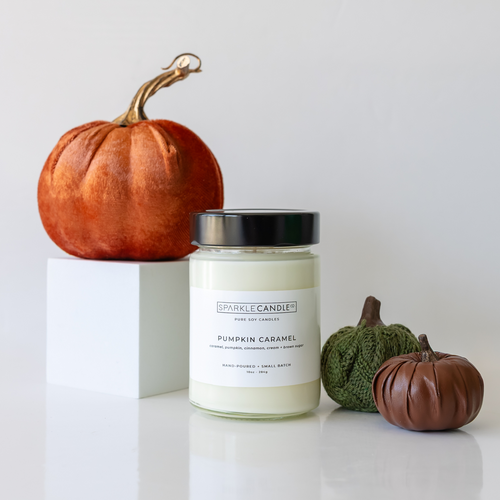 Pumpkin Caramel soy candle in glass jar with sweet autumn scent