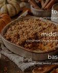 A baked pumpkin pie or crumb-topped pumpkin dessert in a round ceramic dish, with overlaid text reading 'top pumpkin puree', 'middle cinnamon, clove, nutmeg', and 'base caramel, sweet cream' on a rustic autumn table setting with pumpkins and cinnamon sticks.