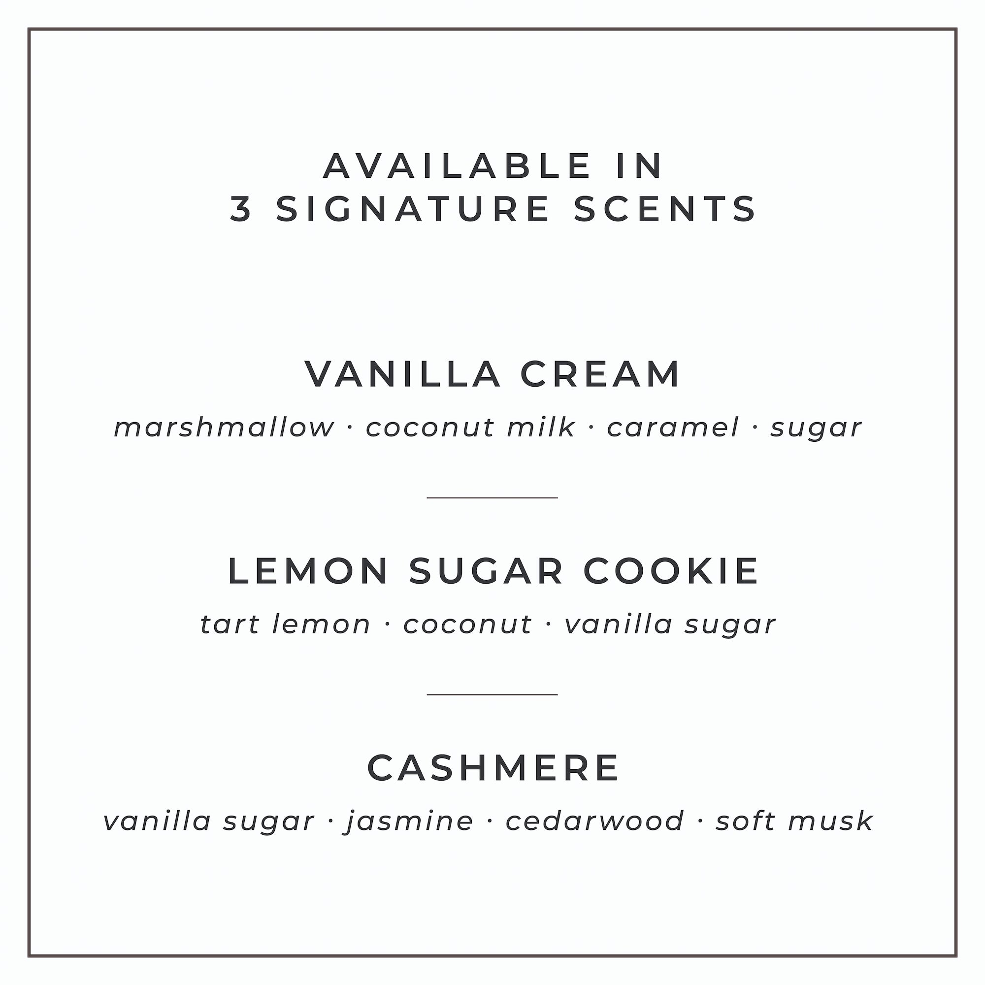 Text list of available scents for a product on a white background