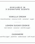 Text list of available scents for a product on a white background