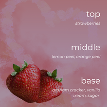 Load image into Gallery viewer, Strawberries with text describing layers of a dessert on a pink background