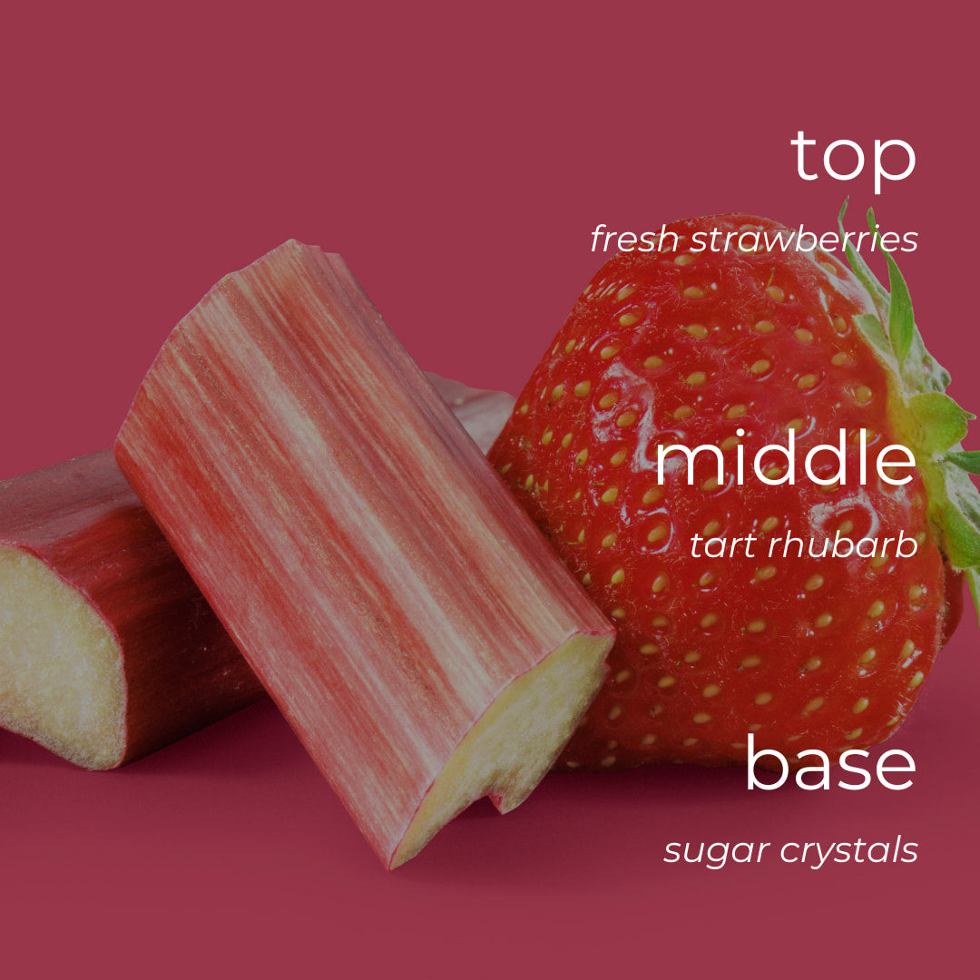 Strawberry, rhubarb, and sugar crystals with text labels on a pink background