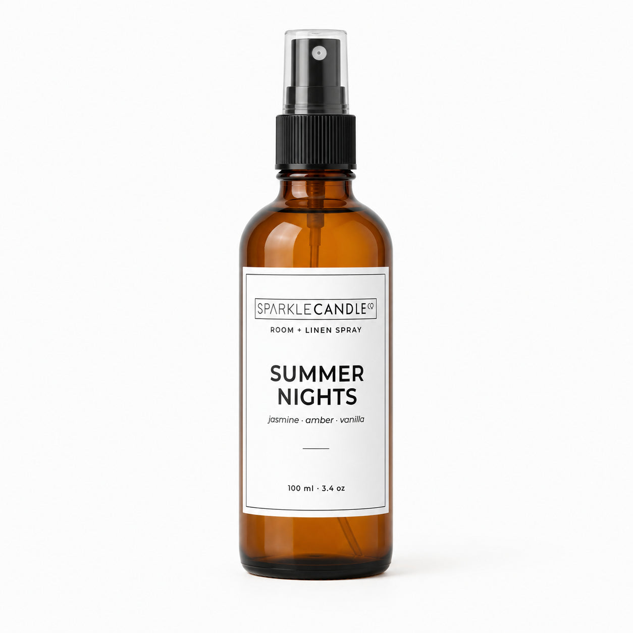 Brown room and linen spray bottle labeled 'Summer Nights' by Sparkle Candle on a white background