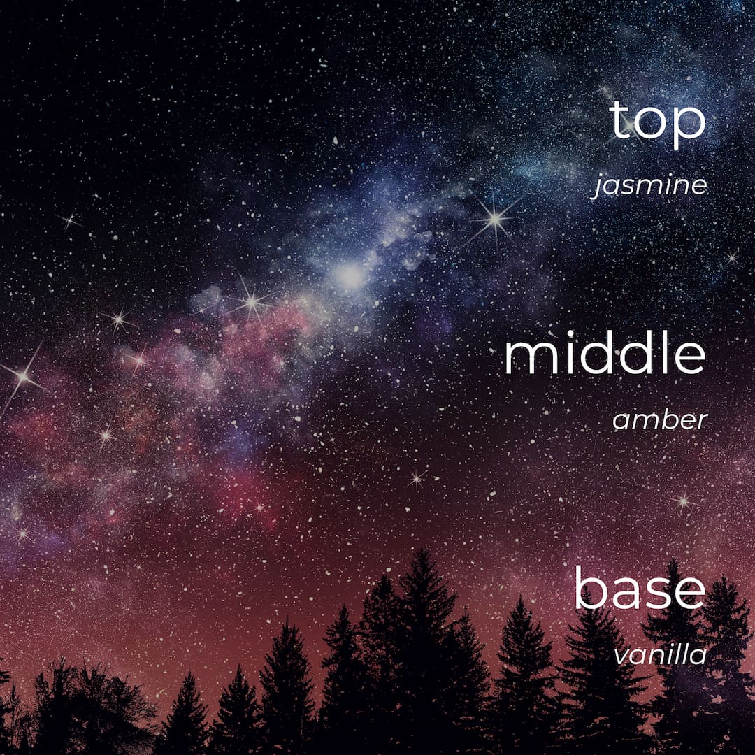 Cosmic background with tree silhouettes and fragrance description text.