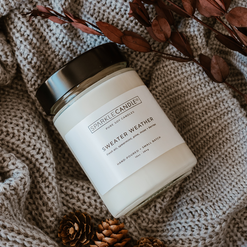 Sweater Weather hand poured soy candle in glass jar, fresh green and autumnal scent