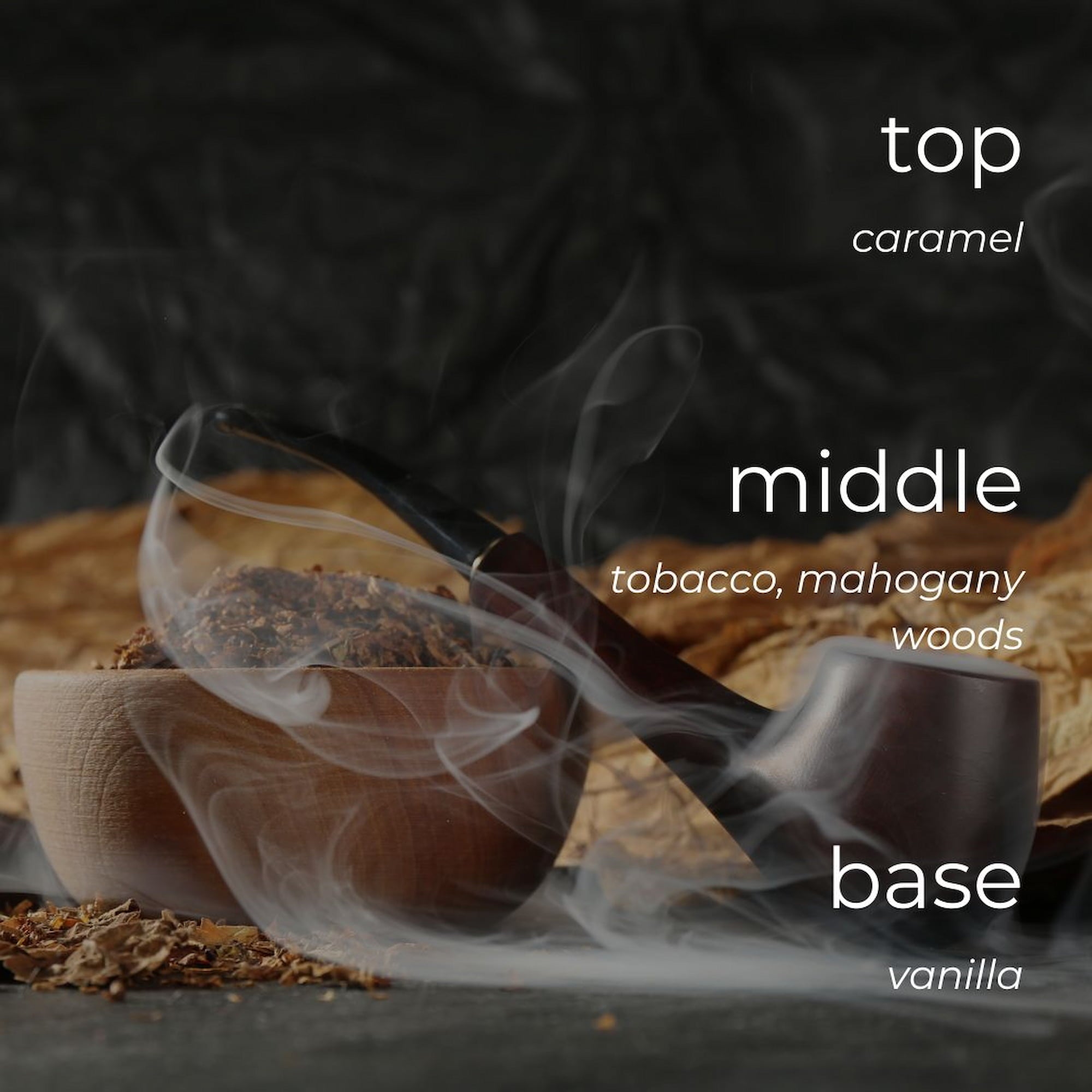 Smoking pipe with smoke and text describing fragrance notes on a dark background