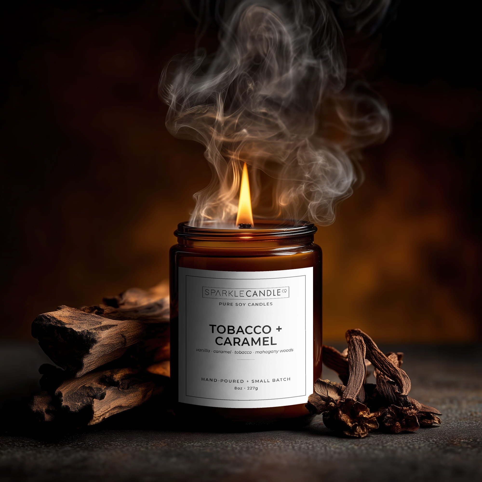 Candle labeled 'Tobacco + Caramel' with smoke and wooden elements on a dark background