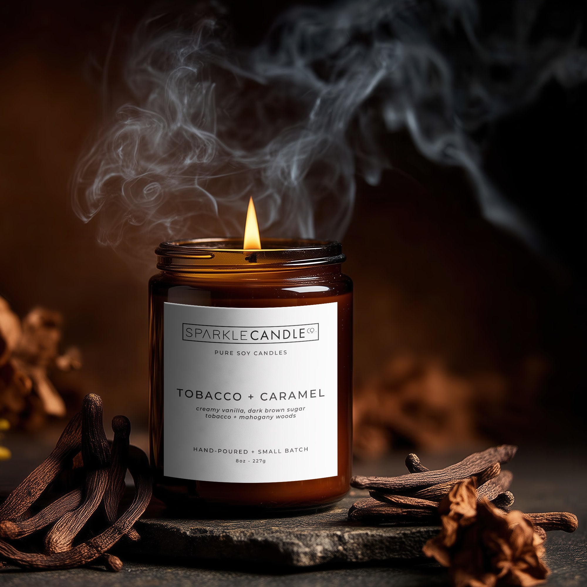 Tobacco and Caramel soy candle on wooden table in warm setting